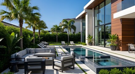 Obraz premium Luxury modern villa with swimming pool, spa, and outdoor lounge area with palm trees