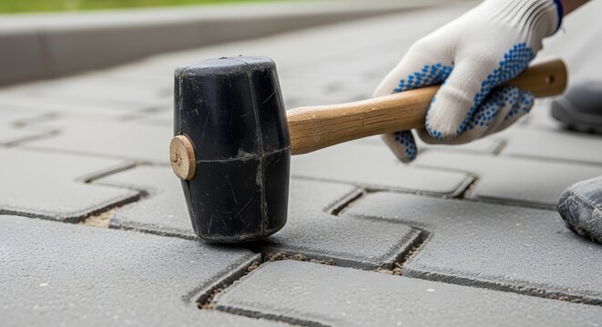 Worker using a rubber mallet to lay interlocking paving stones for a patio or walkway