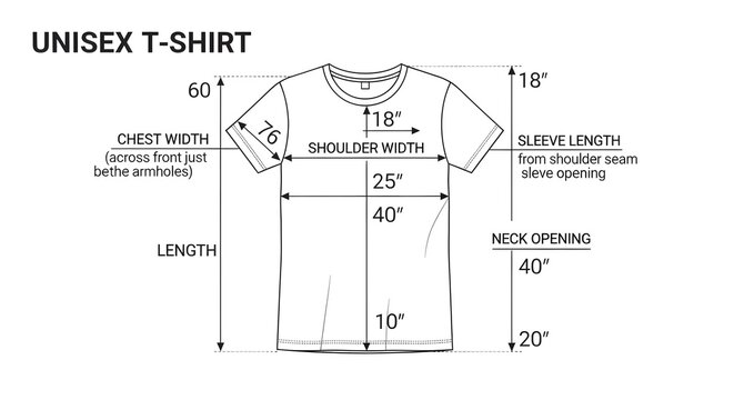 Unisex T-Shirt Size Chart with Measurements and Dimensions
