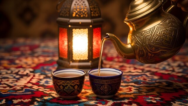A golden metal teapot pours hot tea into ornate cups beside a glowing traditional lantern light