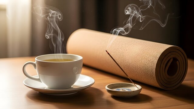 A peaceful morning scene featuring a steaming cup of tea next to a yoga mat and burning incense