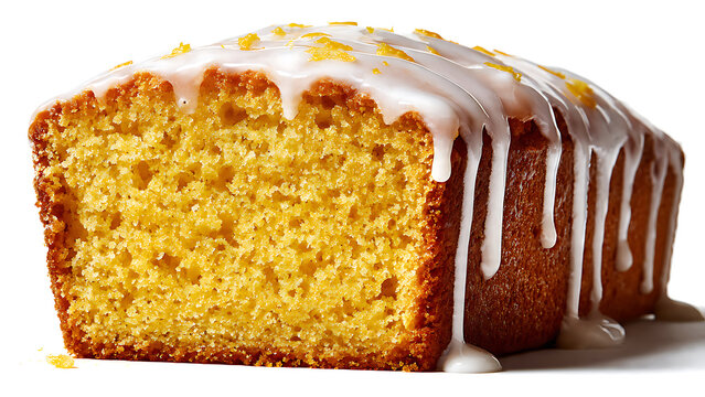 Close-up of a sliced lemon pound cake with white icing drizzle and citrus zest, concept for baking, dessert menus and sweet treats advertising