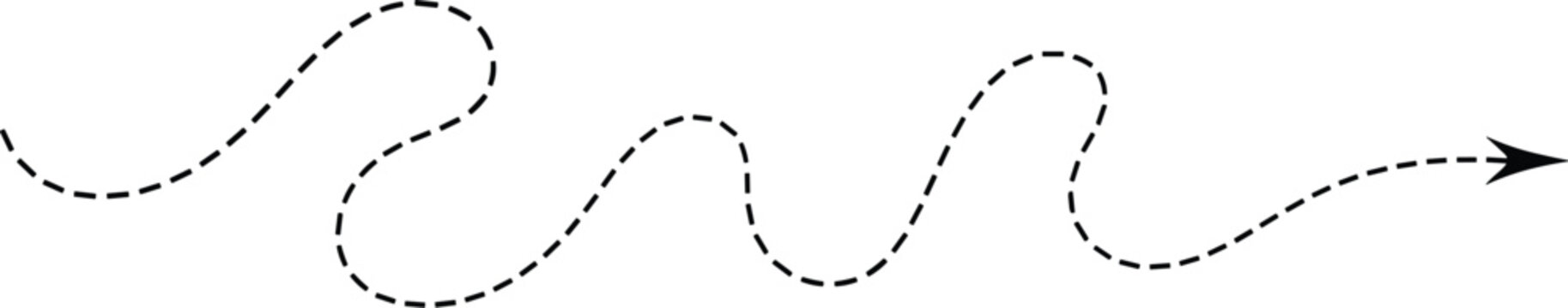 Dashed black arrow following a winding path dotted