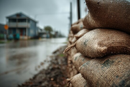 Weathered sandbags in foreground with waterlogged homes in the background