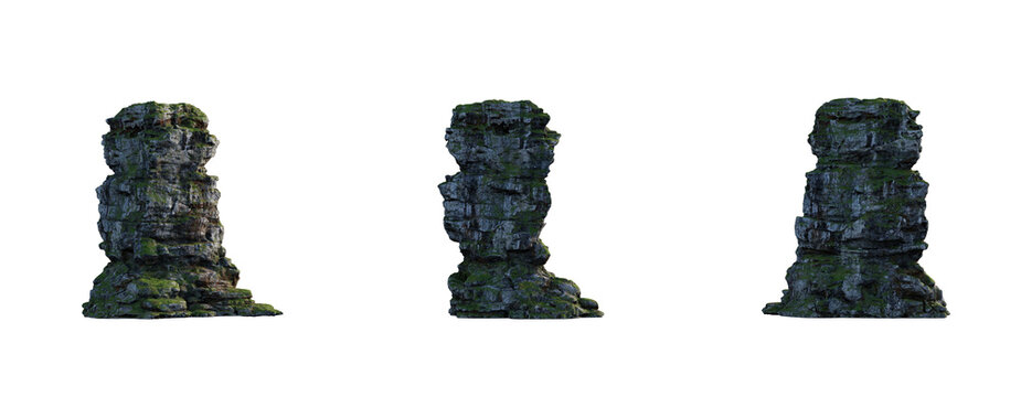 Three Mossy Rock Pillars Isolated on White Background - 3D Rendering Of Weathered Stone Formations