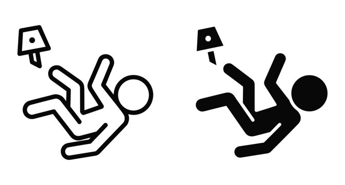 Falling person icon set showing man slipping and falling backwards with a lamp falling down in outline and solid styles