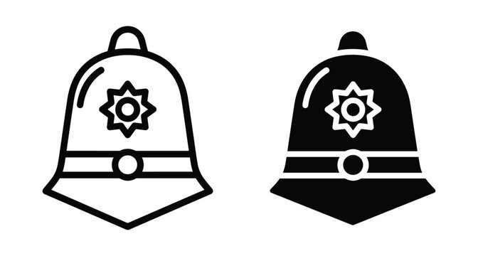 British police custodian helmet icon set featuring traditional bobby hat design with badge in outline and solid black styles