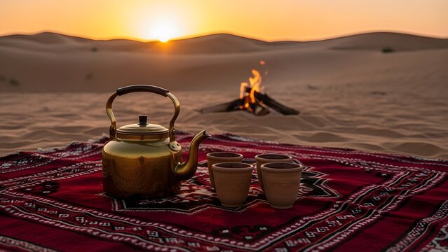A golden teapot and clay cups on a traditional carpet during a serene desert sunset experience