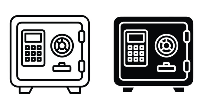 Digital safe box icons with keypad and dial lock for security and protection of money and valuable assets in bank
