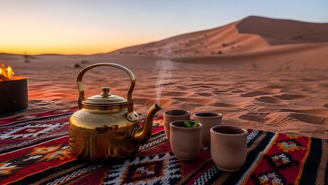 A steaming brass tea kettle and clay cups resting on a patterned rug in the sahara desert sunset