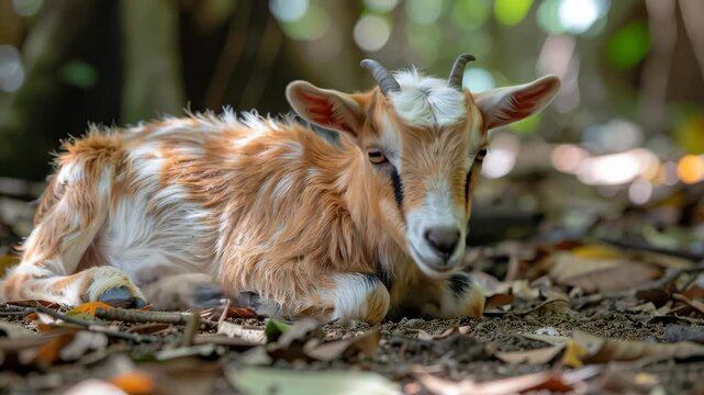 Adorable goat kid resting peacefully in the forest, nature scene.