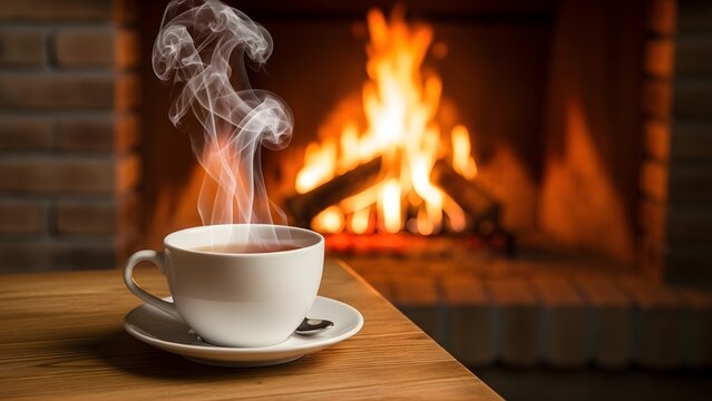 A steaming white ceramic cup of hot beverage resting on a wooden table before a glowing fireplace