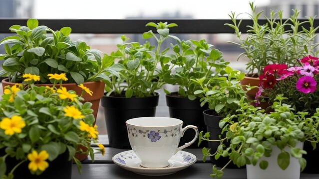 A delicate floral teacup rests on a balcony surrounded by lush green potted plants and flowers