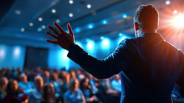 Pitch de startup avec intervenant dynamique et audience en silhouette.