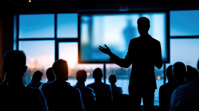 Pitch de startup avec intervenant dynamique et audience en silhouette.