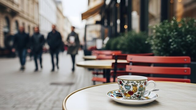 A patterned coffee cup sits on a small bistro table on a blurred european city street sidewalk