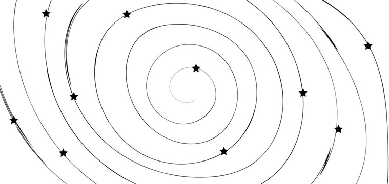 Abstract spiral with stars in hand-drawn sketch style. Vector illustration of Bohr's atom model or galaxy vortex with black stars on white background for science project, space theme design and educat