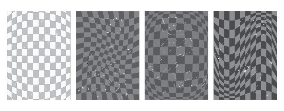 Distorted checkered backgrounds set with grunge texture. Vector collection of warped chessboard patterns with fisheye and wave effects for Y2K style posters, techno music covers and urban streetwear d