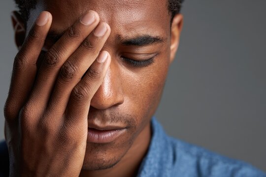 Close-up portrait of a disappointed young man performing a face-palm gesture in a blue shirt