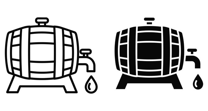 Wooden beer barrel icon set with tap and liquid drop for brewery wine cellar whiskey storage alcohol beverage production symbol