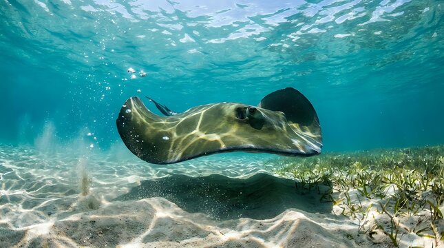 Stingray gliding gracefully over coral reef in crystal clear turquoise waters with sunlight patterns dancing on sandy ocean floor creating serene underwater scene.