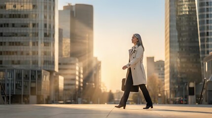 Fototapeta premium Professional businesswoman walking confidently through modern city district during golden hour sunset, corporate lifestyle and urban success concept.
