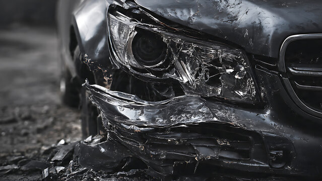 Detailed close-up of a severely damaged black car's front with shattered headlight and crumpled bumper, suitable for insurance claims, auto repair services and road safety campaigns.