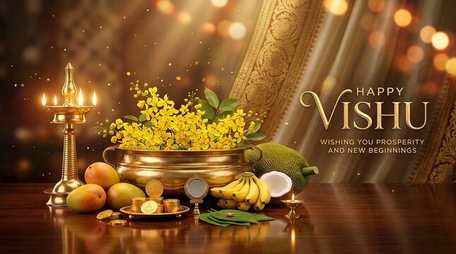 Traditional Vishu Still Life with Golden Uruli and Konna Flowers