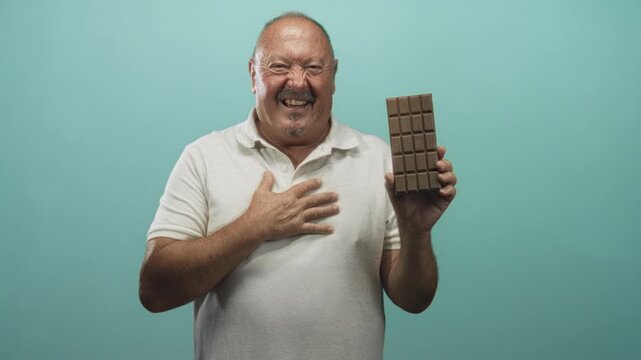 Senior hispanic man smiling while holding a chocolate bar, right hand presenting the bar and left hand on chest against teal backdrop in studio; joy indulgence.