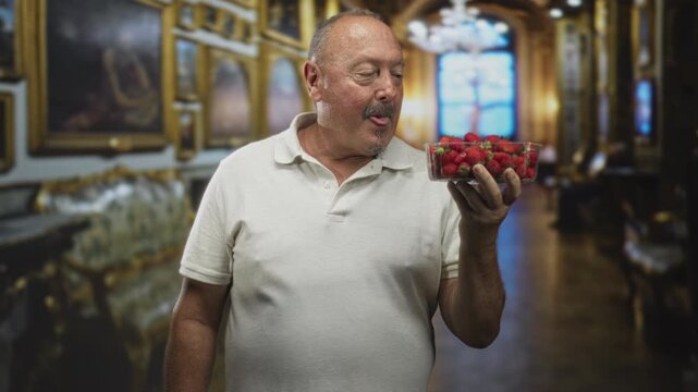 Man holding clear container of strawberries, tongue out tasting gesture while inspecting fruit inside ornate gallery building; contentment simple pleasure.