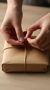 Wrapping a gift in brown paper with twine at home during the afternoon