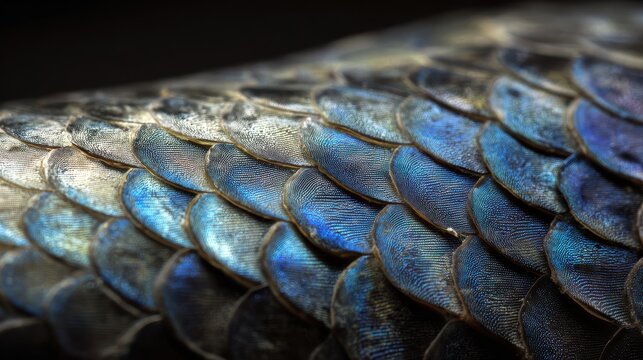 Macro photograph of asp fish scales with iridescent blue-silver tones