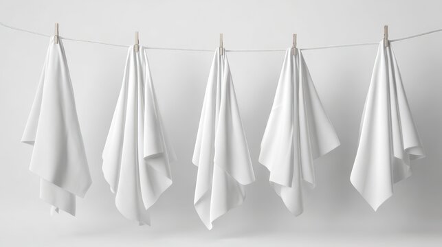 Minimalist studio shot of five white sheets hanging on a clothesline against a white backdrop