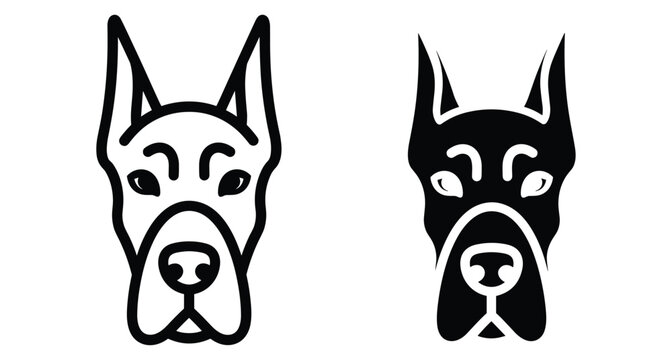 Great Dane dog head icon set with minimalist line art and solid black silhouette for pet branding and animal logos