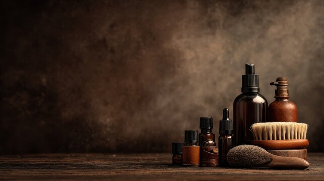 Beard Grooming Scene With Oil Bottles and a Brush on Wood Background in Dark Brown and Amber Tones Suitable for Barbershop Branding
