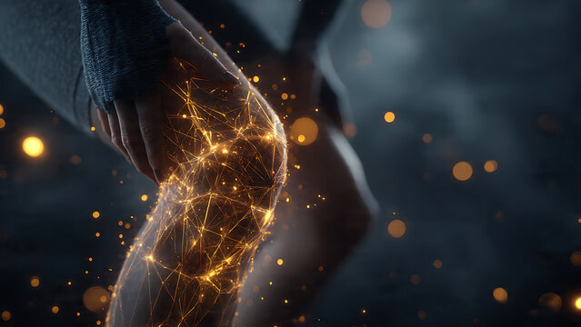 Glowing golden digital network on human knee against a dark background, suitable for medical articles, sports injury blogs and healthcare advertising