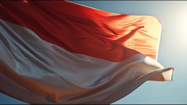 Red and white flag billows in sunlight. Fabric ripples with wind, catching golden light. Bright sky frames the vibrant colors. Ideal for national pride or cultural celebrations