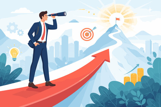 Visionary Businessman with Telescope Looking for Future Opportunities and Success Path. Leader Planning Career Growth towards Goal on Mountain Peak with Target, Lightbulb, and Financial Growth.