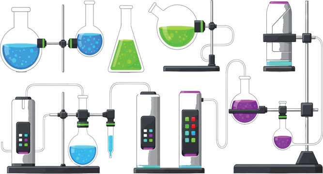 Illustrated diagram of various laboratory glassware and equipment setups Vector