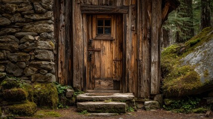 Fototapeta premium Close-up of an aged wooden cabin doorway featuring a square window