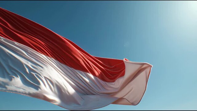 Red and white flag billows in the wind against a clear blue sky. Sunlight glints off the fabric's textured surface as it dances. This vibrant symbol evokes national pride and unity