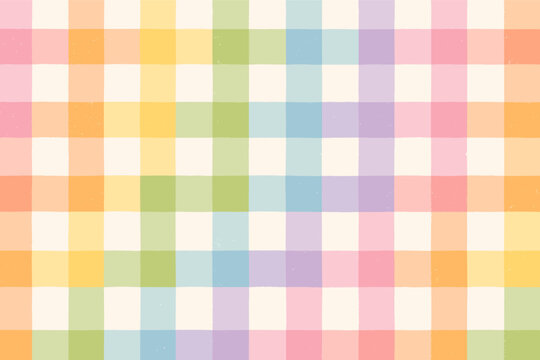 Retro Pastel Rainbow Gingham Pattern with Hand Drawn Textured Checkered Squares in Pride Flag Colors. Vintage Watercolor Style Plaid Background for Wallpaper, Textile, Fabric, and Graphic Design.