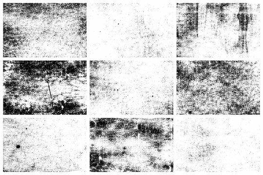 Set of 9 Grunge Overlay Vector Grainy Letterpress Textures, Imprint Texture Grungy Set, Rolled Ink Pressed Text Effect, Distressed Backgrounds for Graphic Design and Vintage Print Aesthetics