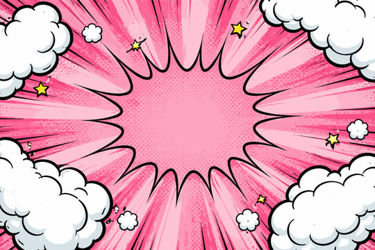 Retro Pink Comic Book Style Background with Central Explosion Burst, Fluffy White Clouds, Yellow Stars and Halftone Dot Pattern, Pop Art Vector Illustration for Action and Superhero Themes