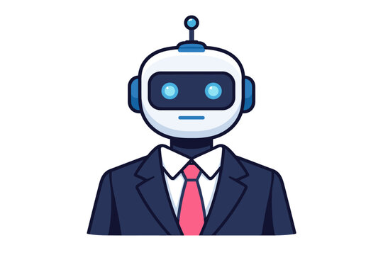 Flat vector illustration of a robot businessman wearing a professional navy blue suit, white shirt, and pink tie. Artificial intelligence corporate worker icon for technology and automation.
