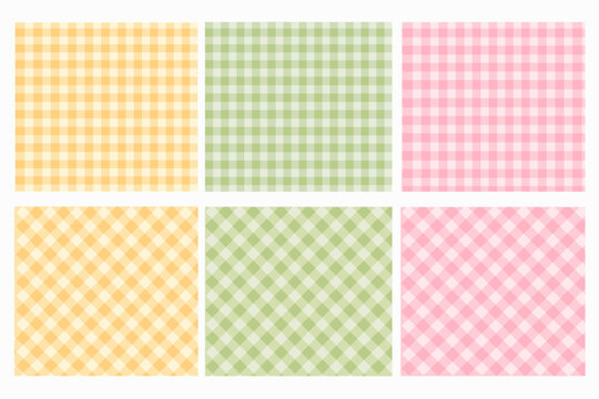 Vector Set of Cute Gingham Check Patterns in Pastel Yellow, Green, and Pink Colors; Seamless Plaid Backgrounds for Scrapbooking, Fabric, Wallpaper, Stationery, and Textile Design Illustrations.