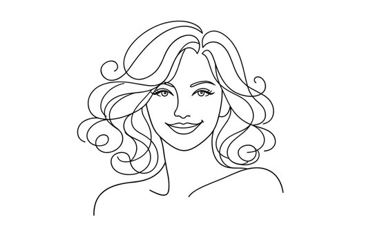 Elegant continuous line drawing of a beautiful woman's face with voluminous curly hair and a charming smile. Minimalist vector portrait representing feminine beauty, hair care, and wellness art.