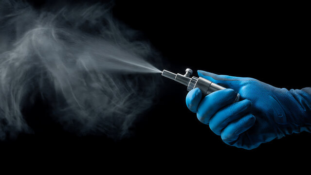 Hand in blue glove operating atomizer device spraying mist, dark background, perfect for science, health and industrial applications