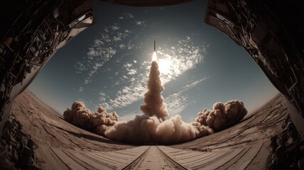 Obraz premium Dramatic Rocket Launch From Ground Level, Blasting Off Into Sunny Sky With Smoke Clouds