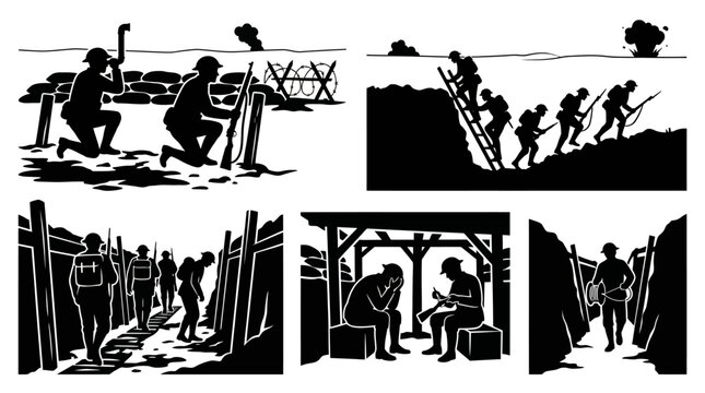 Illustrations depicting World War I trench warfare, soldiers in silhouette, and wartime scenes of conflict and struggle
